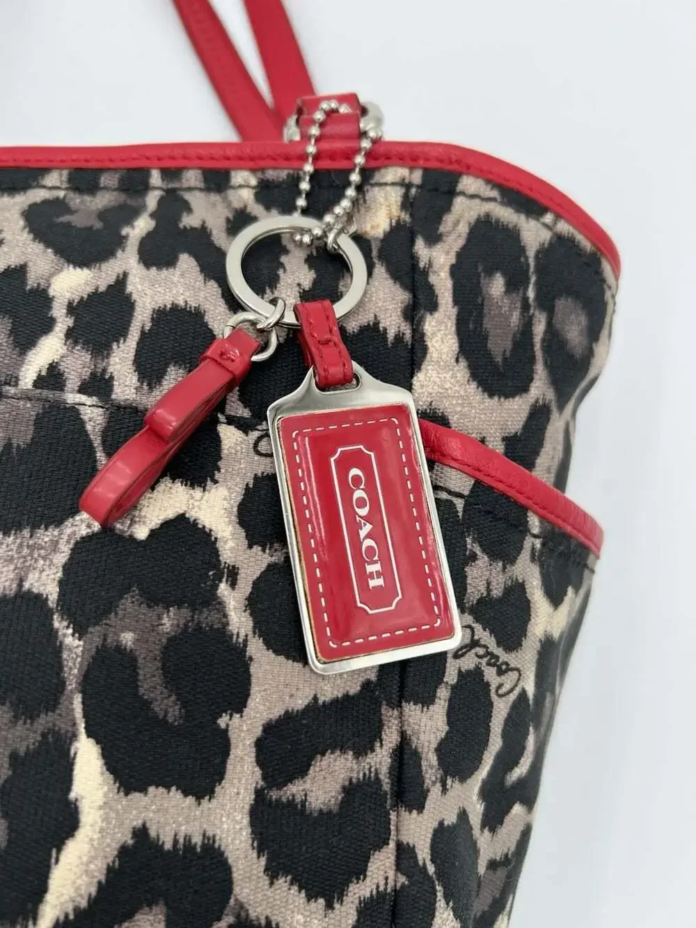 Coach Park Ocelot Print Carrie Tote F25178 Red Leather Trim Leopard Shoulder Bag